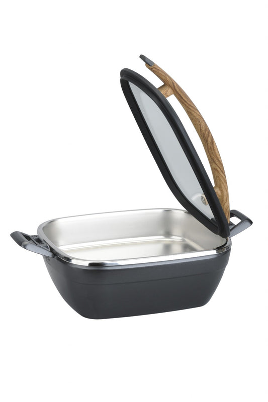 ARTISAN SQUARE CASTING CHAFER WITH WOODEN HANDLE L460MM X W280MM X H206MM 4.5LT