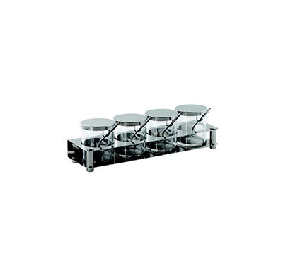 CONDIMENT SET S/STEEL INCLUDES: 4 JARS + SPOONS +TRAY 360MM X 110MM X 107MM 1.47 KG