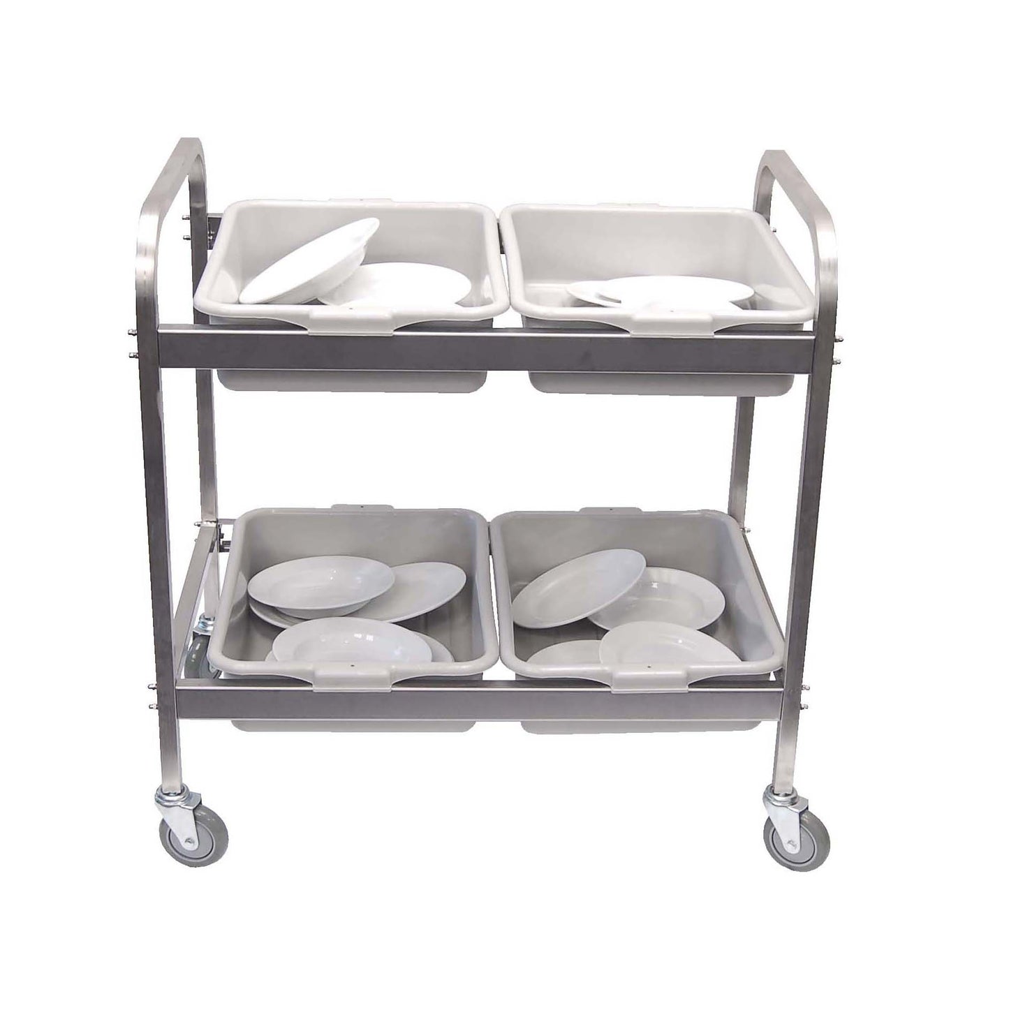 DISH CLEARING TROLLEY S/STEEL WITH 4 TOTE BOXES 870MM X 545MM X 930MM