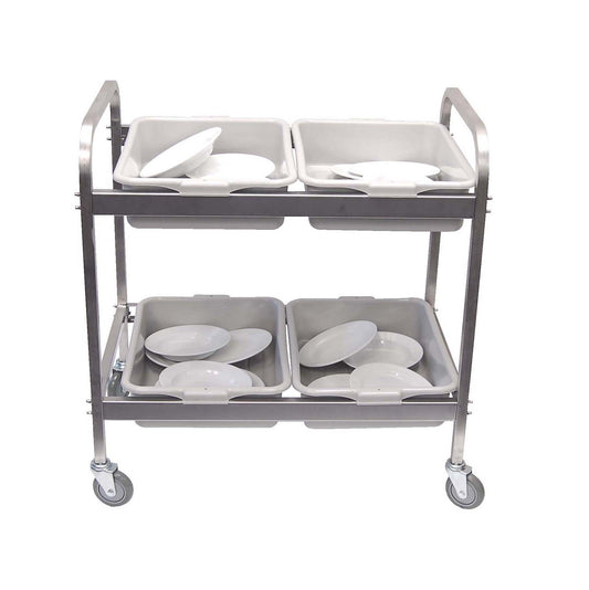 DISH CLEARING TROLLEY S/STEEL WITH 4 TOTE BOXES 870MM X 545MM X 930MM